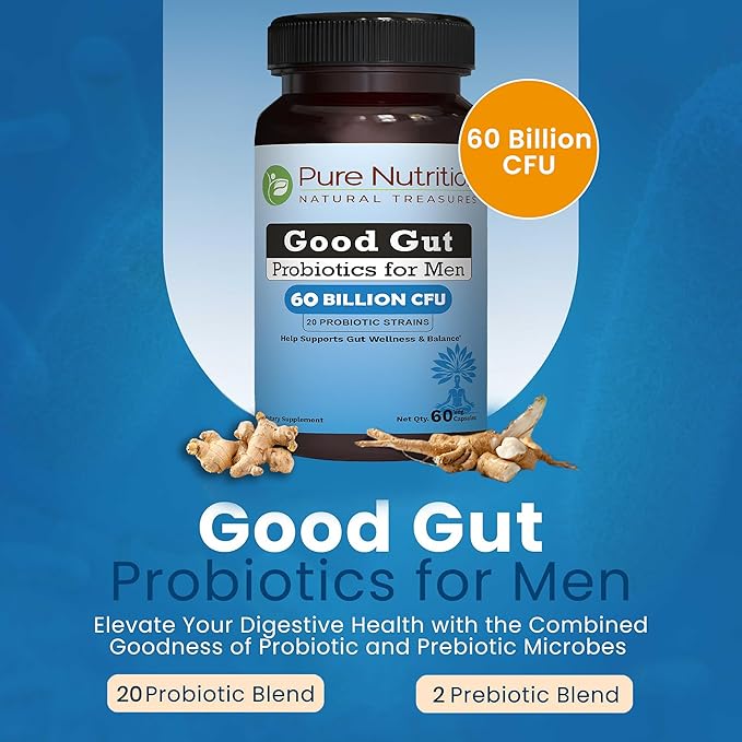 Pure Nutrition Good Gut Men's Probiotics 60 Billion CFU 20 Strains | 60 Caps | Probiotics for Men with Organic Prebiotic Blend | Once Daily | Non GMO | Gluten Free
