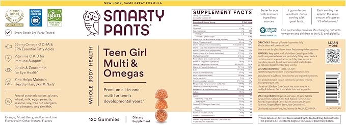 SmartyPants Teen Girl Multivitamin Gummies: Omega 3 Fish Oil (EPA/DHA) Vitamin C D3 B12 Vitamin A K &amp Zinc Gluten Free Includes Biotin to Support Hair Skin &amp Nails 120 Count (30 Day S
