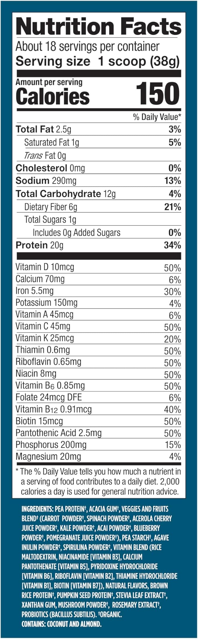 Vega All in One Nutrition Organic - 20g Plant-Based Pea Protein Coconut Almond 18 Servings Vitamins A &amp C Probiotics Greens Vegan Keto Gluten Free 24.3oz (Packaging May Vary)