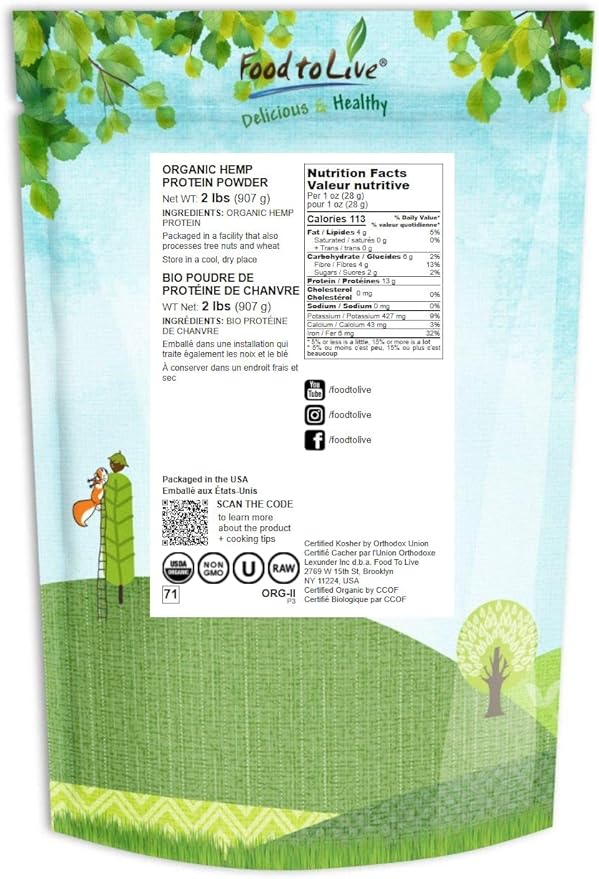 Food to Live Organic Hemp Protein Powder 2 Pounds — 50% Protein Non-GMO Non-Irradiated Pure Kosher Vegan Superfood Rich in Iron and Fiber