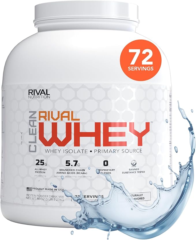 RIVAL NUTRITION Clean Rival Whey – 5LB Unflavored – 100% Whey Protein Powder Whey Isolate Primary Source | 25g Protein Muscle Gain/Recovery | All Natural No Artificial Ingredients - 72 Servings