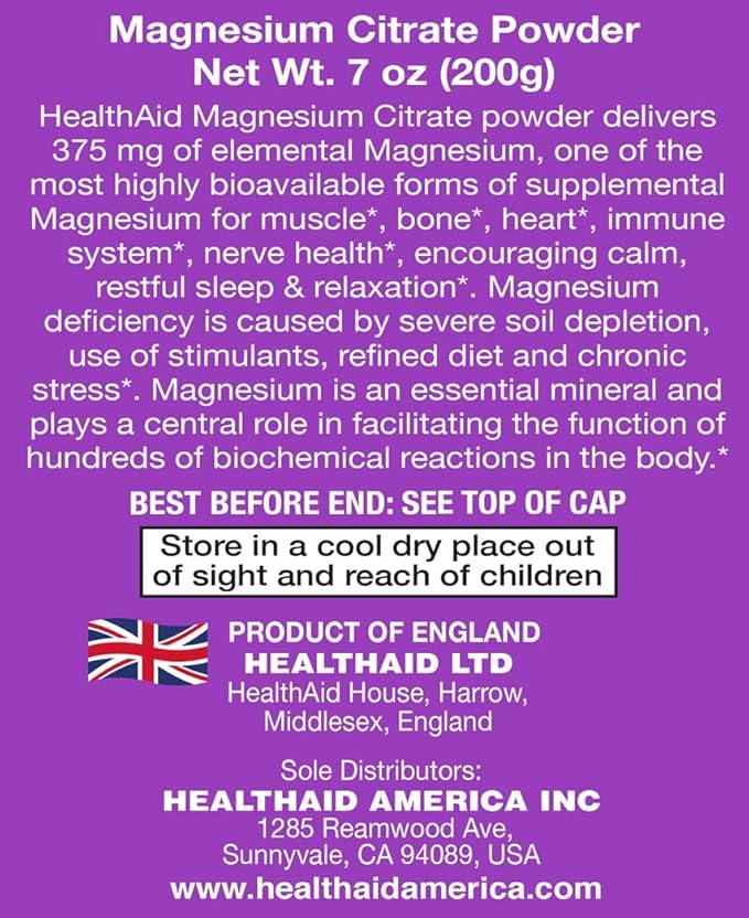 Magnesium Citrate Powder – 200g (Approx. 80 Servings) | High Absorption Magnesium for Muscle Nerve &amp Electrolyte Support – Unflavored Easy Mix