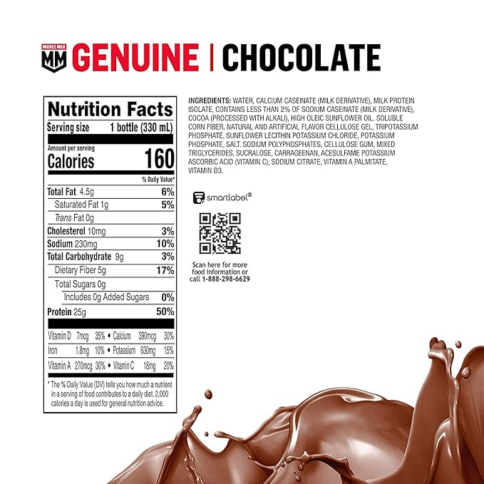Muscle Milk Genuine Protein Shake Chocolate 25g Protein 11.16 Fl Oz (Pack of 12) Packaging May Vary