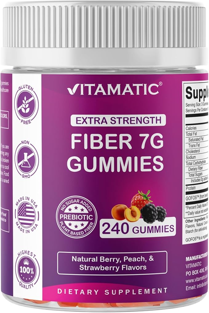 Vitamatic Prebiotic Fiber Gummies for Adults 7G Extra Strength Zero Sugar Added 240 Pectin Based Gummies Digestive Health &amp Regularity Support