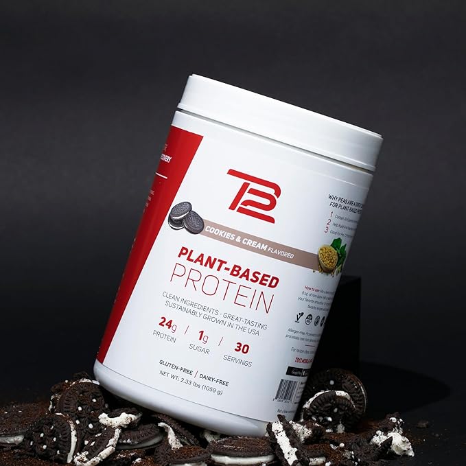 TB12 Plant Based Protein Powder by Tom Brady 24g of Vegan Pea Protein Low Sugar Low Carb Non-GMO Meal Replacement Keto Friendly Paleo Sugar Free Cookies and Cream Flavor (30 Servings)
