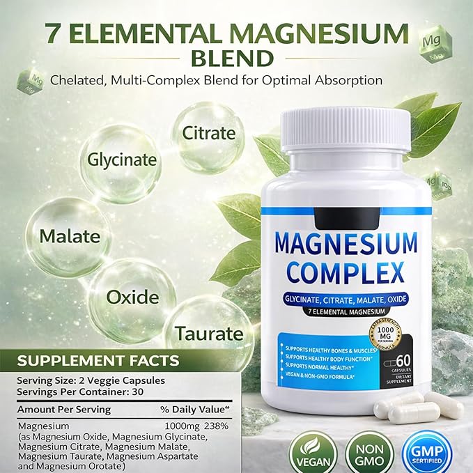 Magnesium Complex 1000 mg — 7-in-1 Magnesium (Glycinate Citrate &amp Malate) for Sleep Support Stress Relief Muscle Recovery — Vegan 60 Capsules