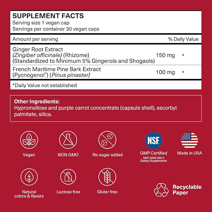 Pycnogenol 100mg &amp Ginger Extract | Supports Healthy Circulation Vein Health &amp Leg Comfort | Helps with Occasional Swelling in Legs &amp Feet | Long-Haul Travel Essentials | 30 Vegan Caps