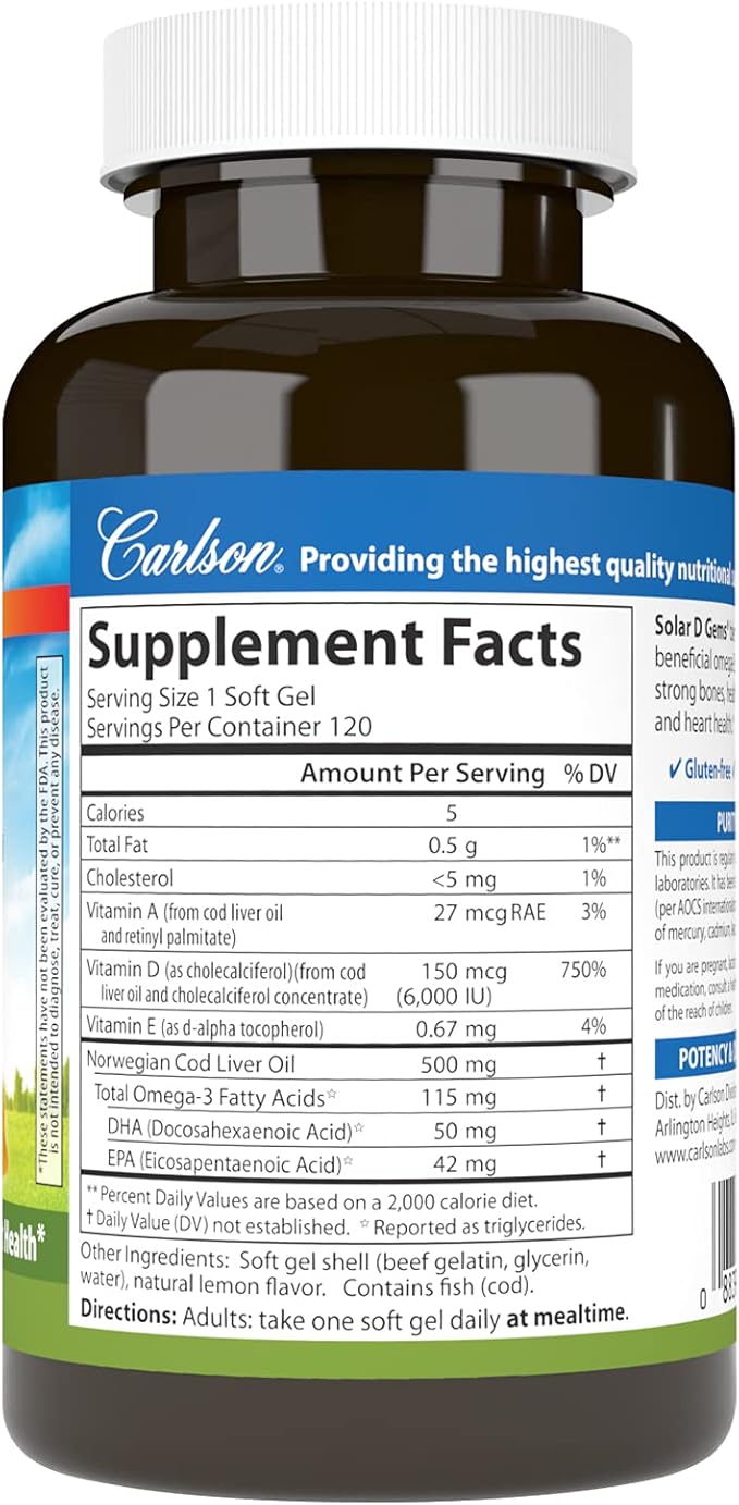 Carlson - Solar D Gems Vitamin D3 and Omega-3 Supplement 6000 IU (150 mcg) Vitamin D3 115 mg Omega-3s EPA and DHA Supplement Wild Caught Sustainably Sourced Lemon 120 Softgels