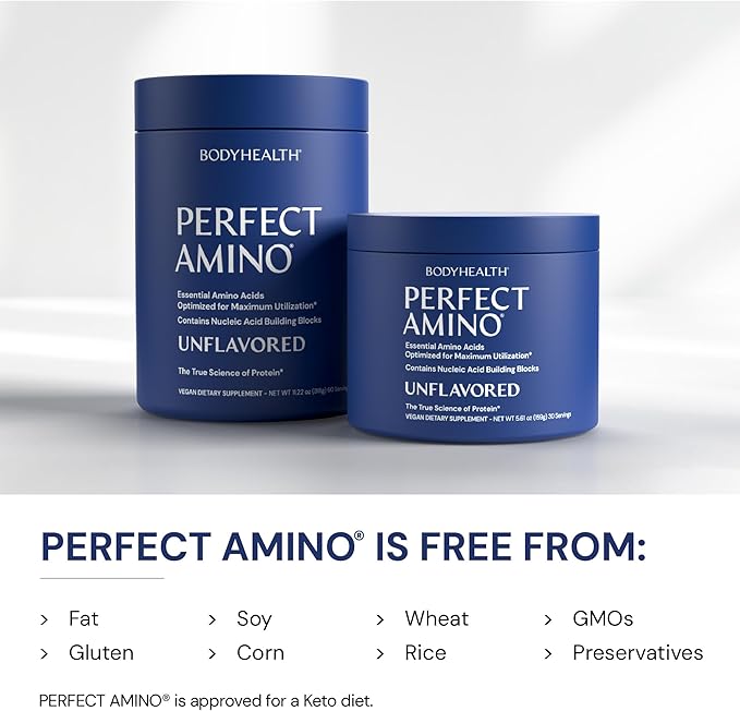 BodyHealth PerfectAmino - BCAA and EAA Powder for Pre and Post Workout - Amino Acid Energy Drink for Men and Women to Support Lean Muscle and Recovery - Unflavored (Lightly Sweetened) - 60 Servings
