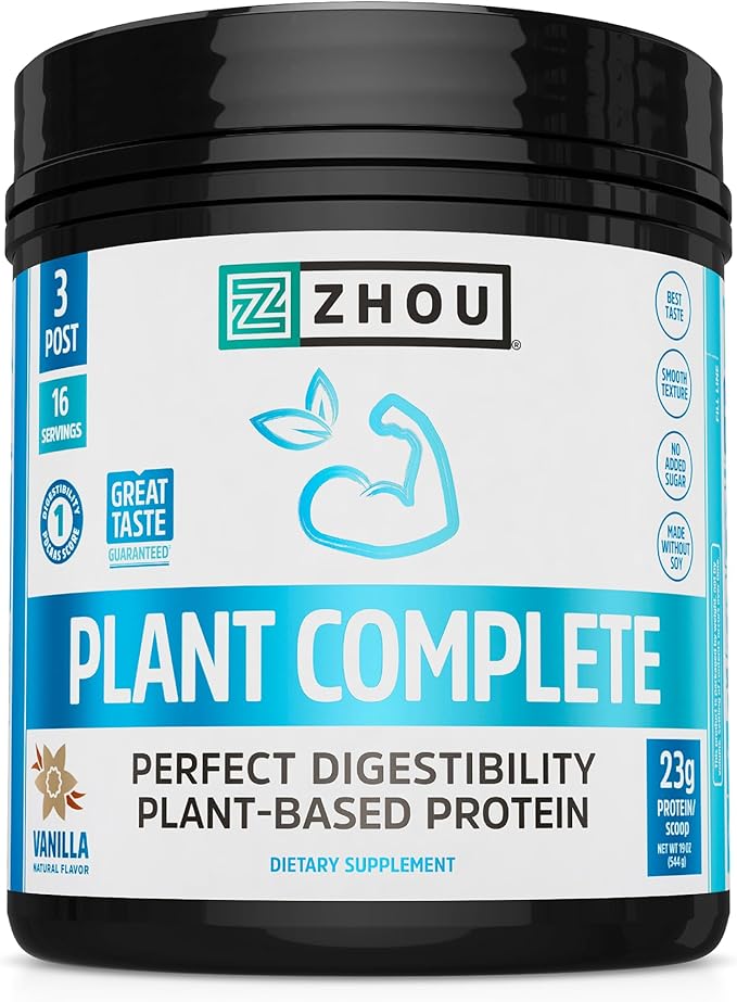 Zhou Plant Complete Vegan Protein Powder - Plant Based Protein Powder for Women &amp Men Non Dairy Rice &amp Pea Protein Blend for Smoothies and Shakes 21g Per Serving - Vanilla 17.7oz (16 Servin