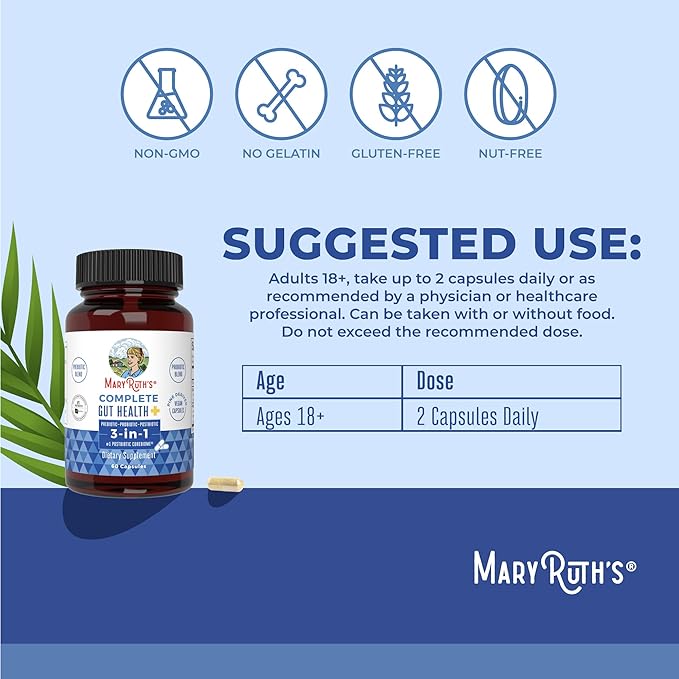 MaryRuth's Complete Gut Health+ Capsules | 5 Probiotic Blend | Butyrate | Corebiome® | Vegan Gut Support | Support Gastrointestinal Health &amp Microbiome | 2 Capsules Daily | 30 Servings