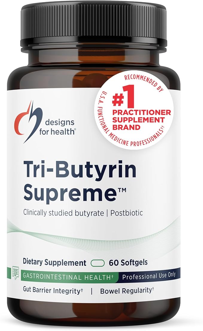 Designs for Health Tri-Butyrin Supreme - 3-in-1 Butyric Acid (Butyrate) Postbiotics for Gut Health &amp Gut Permeability Support - Tributyrin Supplement with Odor-Minimizing Innovation (60 Softgels)