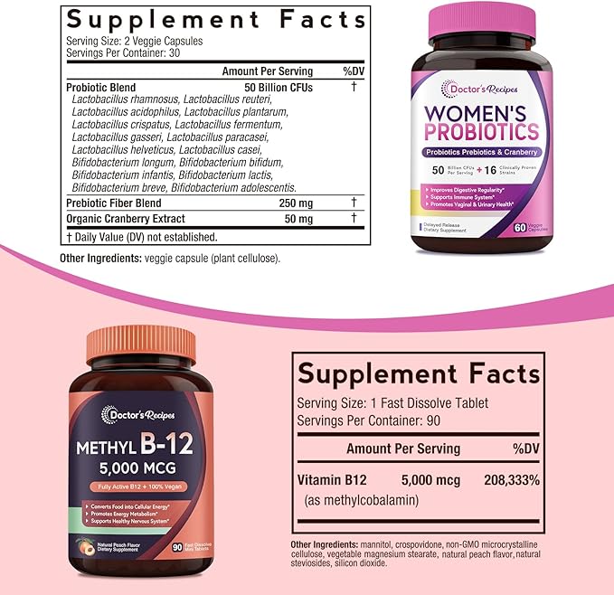 Doctor's Recipes Women's Probiotic 60 Caps&amp Vitamin B12 Methylcobalamin 5000 mcg 90 Fast Dissolve Tablets
