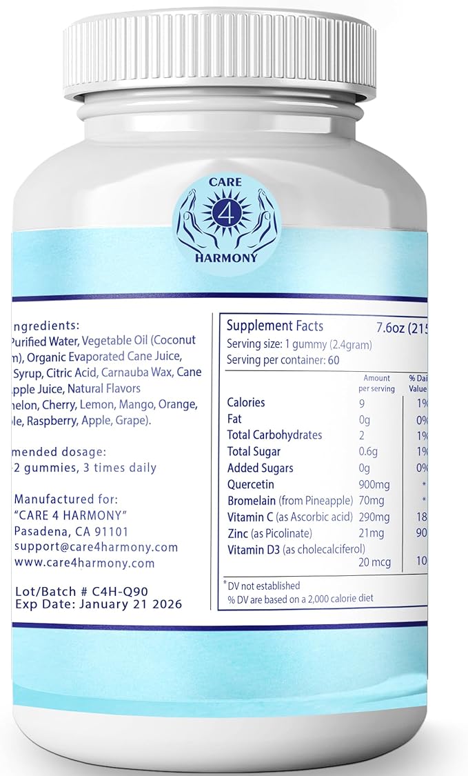 Quercetin Gummies - Quercetin with Bromelain Vitamin C + Zinc Vitamin D3 – Chewable Quercetin 900mg Supplements - Quercetin for Kids and Adults (5)