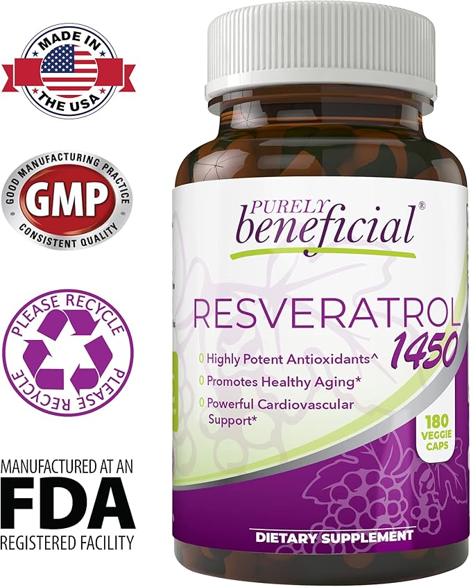 PURELY beneficial RESVERATROL1450-90day Supply 1450mg per Serving of Potent Antioxidants &amp Trans-Resveratrol Promotes Anti-Aging Cardiovascular Support Maximum Benefits(1bottle)