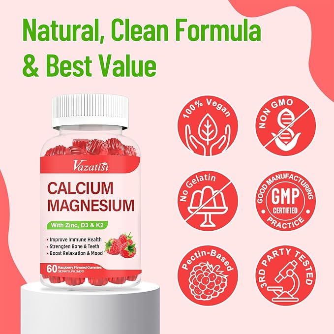 Calcium Magnesium Zinc Gummies with Vitamin D3 &amp K2 High Absorption Magnesium Glycinate Potassium for Immune and Calm Mood Raspberry Flavor 120 Gummies