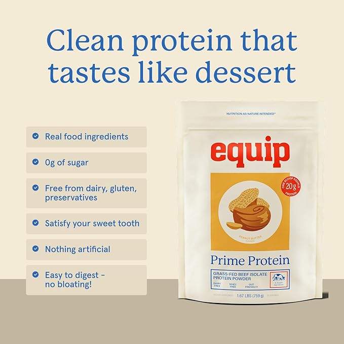 Equip Foods Prime Protein Powder | Clean Grass Fed Beef Protein Powder for Women &amp Men | Carnivore Protein Isolate | Paleo Keto Friendly | Gluten &amp Dairy Free | 30 Servings Peanut Butter