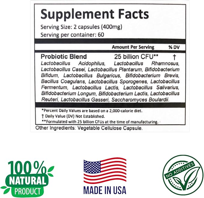 ProbioLac Probiotic Supplement with 25 Billion CFU Multi-Strain Probiotic for Digestive Balance &amp Immune Wellness 120 Vegetarian Capsules