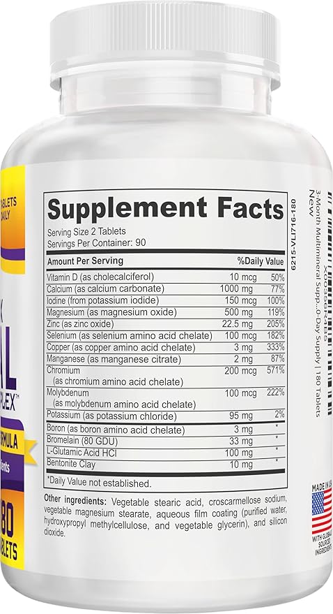 3-Month Multimineral Supplement Support Iron-Free Formula | Daily Multiminerals | Multi-Mineral Supplements | Minerals Complex | 90-Day Bulk Supply | 180 Tablets