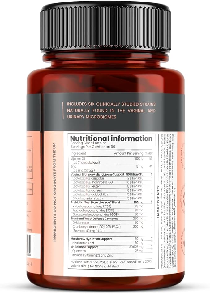 Veev Intimate Flora – Vaginal &amp Gut Microbiome Support – 50 Billion CFU Probiotics with Prebiotics Cranberry D-Mannose &amp Hyaluronic Acid – 180 Caplets (2 x 90) – 6-Month Supply