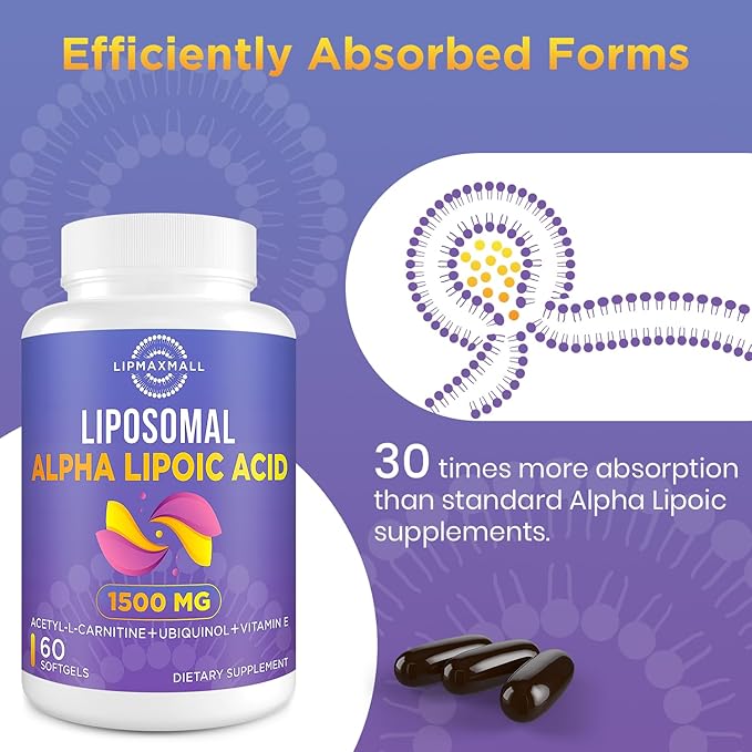 Liposomal Alpha Lipoic Acid 1500mg - with Acetyl-L-Carnitine 900mg &amp Ubiquinol 100mg &amp Vitamin E 15mgALA Supplement for Antioxidants Glucose Metabolism Nerve Energy60 Softgels (2 Bottle)