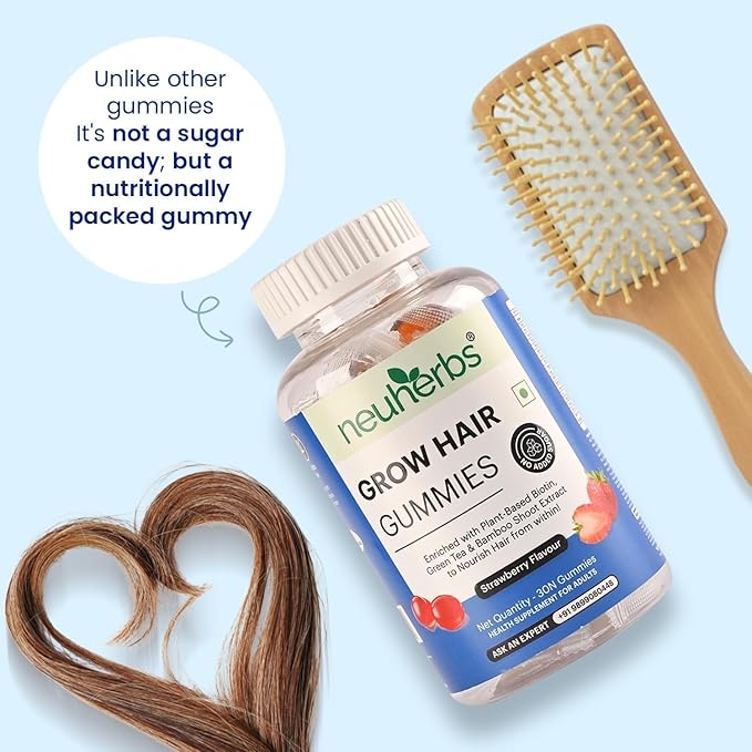 Grow Hair 30 Gummies with BiotinBamboo Shoot ExtractGreen Tea ExtractIronVitamin B12B2Folic Acid Keeps Hair Healthy &amp StrongNatural Strawberry Flavored100% VegetarianGelatin Free
