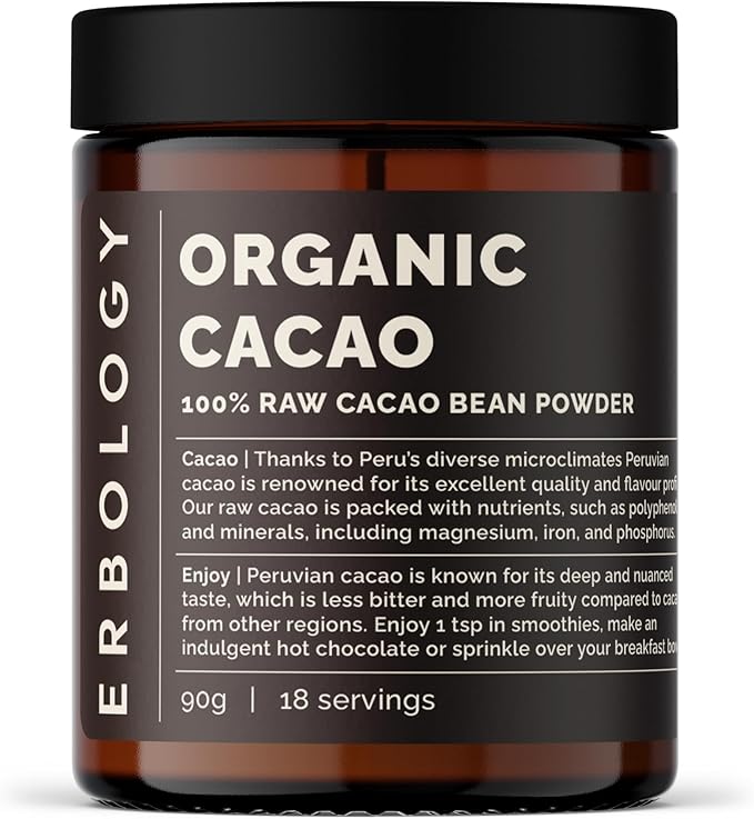 Erbology Organic Cacao Powder 3.2 oz - 18 Servings - Sustainably and Ethically Sourced Straight from Farm in Peru - Small Batch - Vegan - GMO-Free