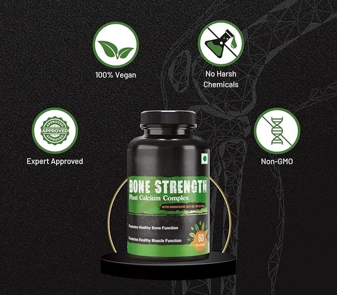 Eleven Zone Bone Strength - Plant-Based Calcium Magnesium Zinc Vitamin D3 VIT B12 K2 - GMO Soy Gluten Free Ingredients - Whole Food Supplement for Bone Health - 60 Vegan Friendly Capsules