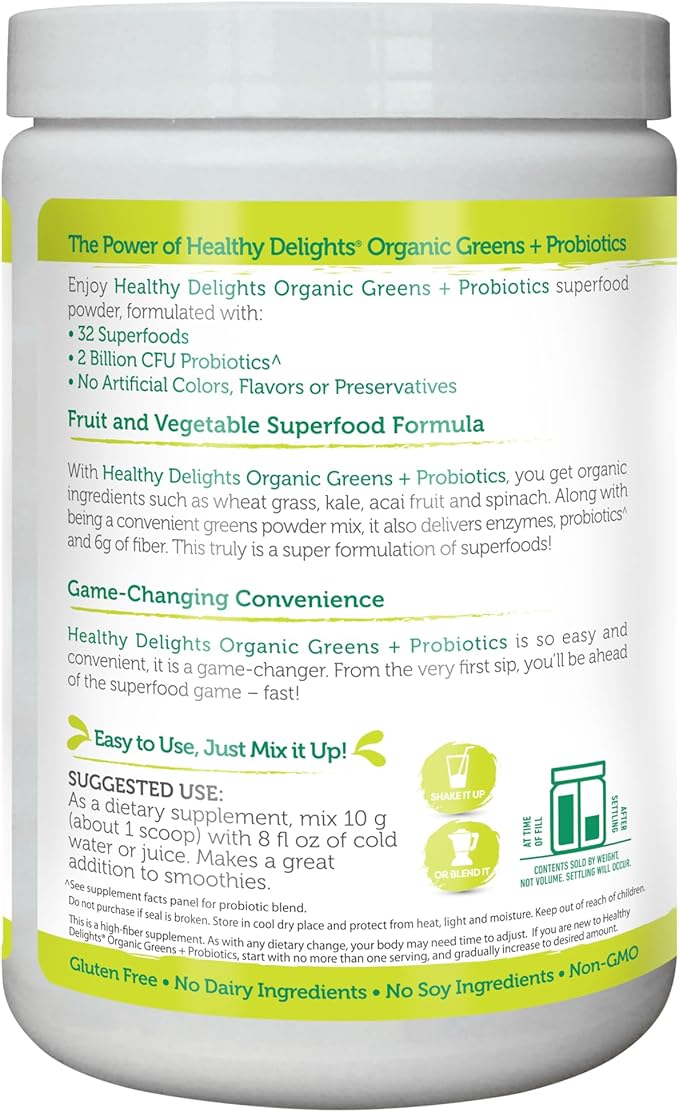 Healthy Delights Naturals - Organic Greens + Probiotics Powder - Naturally Boost Energy - USDA Organic - Delicious Berry Flavored - 30 Servings