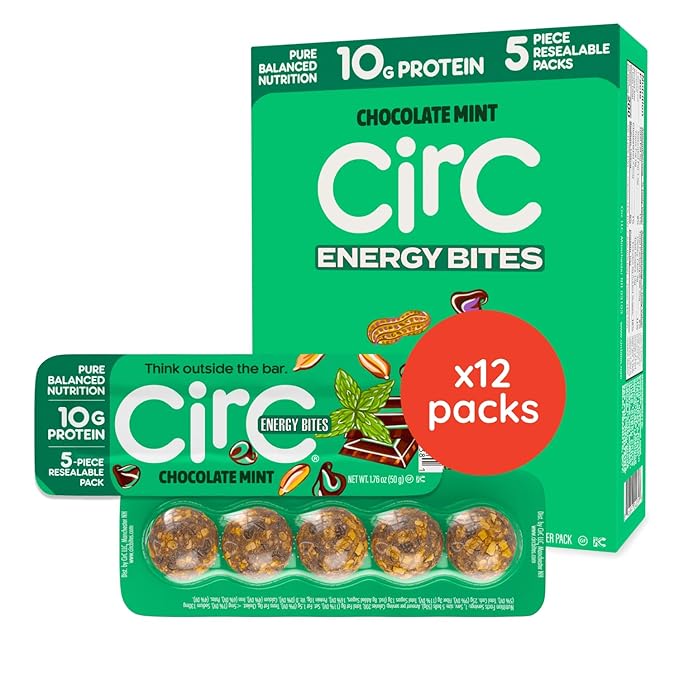 CirC Energy Bites - 12 Pack Mint Chocolate Chip Gluten Free Protein Balls - 10g Protein Whole Grains Nuts &amp Fruit - Portable Healthy Snacks for Adults &amp Kids 5 Piece Resealable Packs