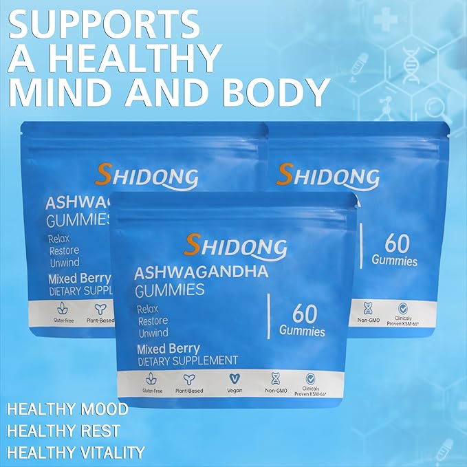 SHIDONG Ashwagandha &amp Vitamin D Gummy - 60 Count - Mixed Berry KSM-66 Plant Based Gluten-Free &amp Gelatin Free Relax. Restore. Unwind Pack of 1