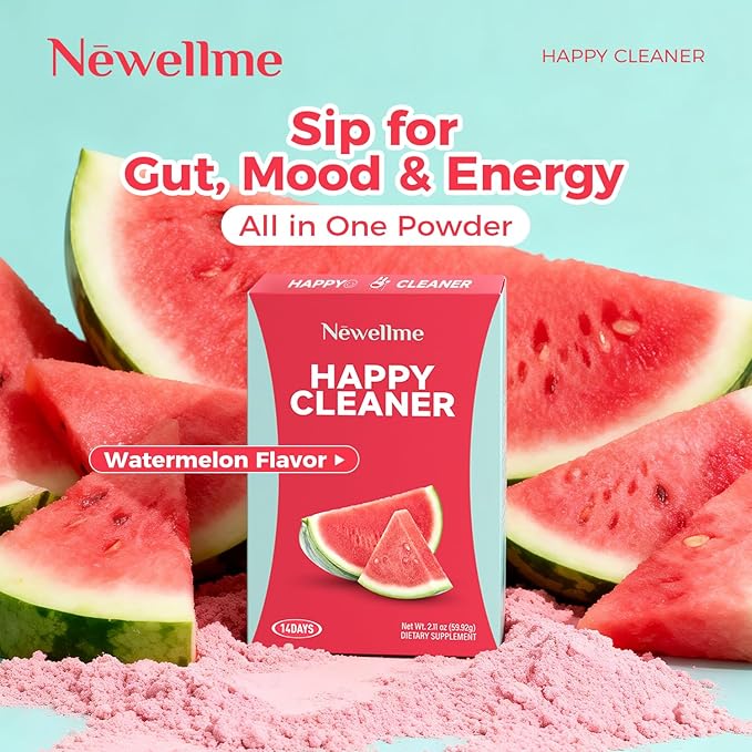 NEWELLME Happy Cleaner Digestive Supplement Powder Gut Health Drink Mix with Probiotics Digestive Enzymes &amp Fiber Supports Digestion and Bloating Watermelon Flavor 28 Sachets (2 Boxes)