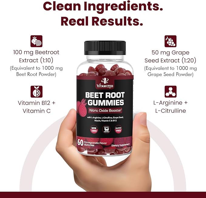 Beet Root Gummies - Super Nitric Oxide Beets Supplement - Red Beetroot Heart Chews with Grape Seed Power &amp B12- Pomegranate Flavor 60 Chewables Beets