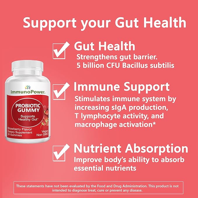 Organic Probiotics Gummies | 5 Billion CFU Probiotics for Digestive Health &amp Immune Support | DE111 Bacillus Subtilis | Strawberry | Non-GMO | 30 Ct.