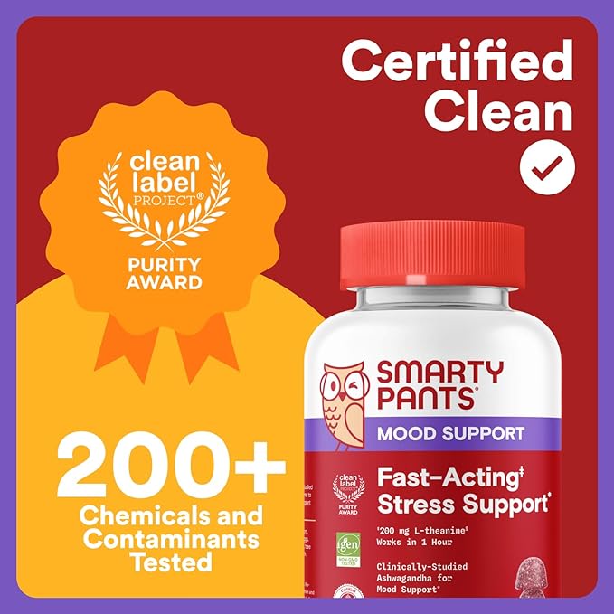 SmartyPants Adult Stress Support Gummies: Fast-Acting Calm &amp Mood Support with L-Theanine 200mg &amp Ashwagandha (Sensoril) Non-Drowsy Mixed Berry Flavor 60 Count (30 Day Supply)
