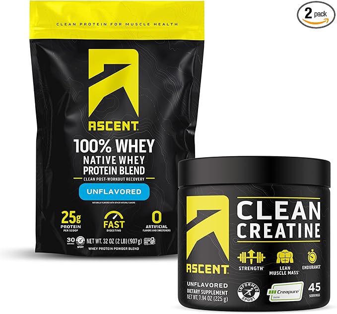 Ascent 100% Whey Protein Powder Unflavored 2 lb &amp Creatine Monohydrate Powder Unflavored 45 Servings