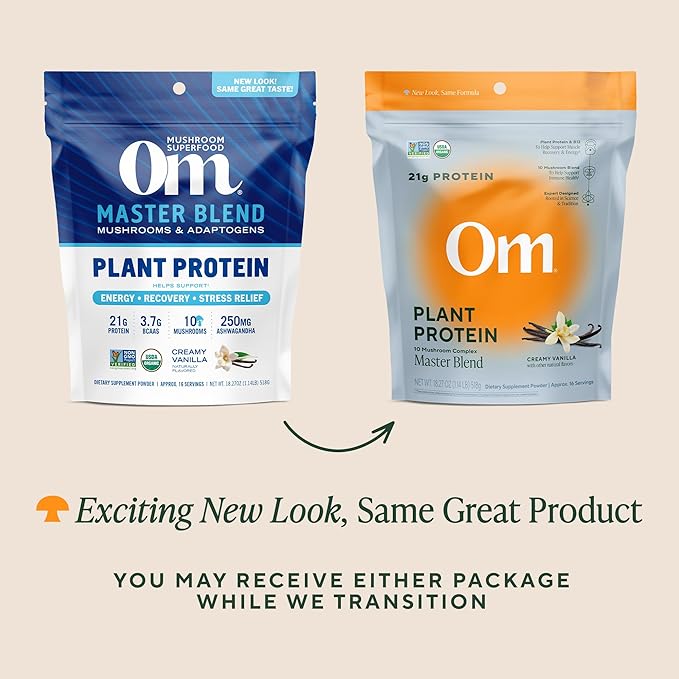 OM MUSHROOM SUPERFOOD Master Blend Vegan Protein – Creamy Vanilla Plant Protein with 10 Mushrooms Ashwagandha BCAAs &amp B12 – Energy Recovery &amp Immune Support – 1.2 lb (16 Servings)