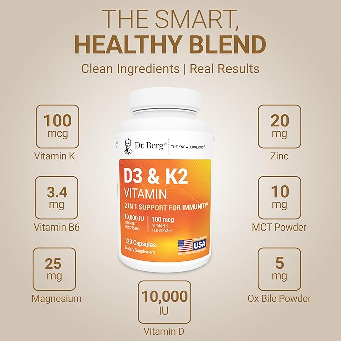Dr. Berg Vitamin D3 &amp K2 10000 IU + MK-7 – 120 Capsules – Immune Bone &amp Heart Support* Supplement w/Magnesium Zinc B6 – 4X Lab-Tested – No Fillers – Non-GMO cGMP Formulated in USA