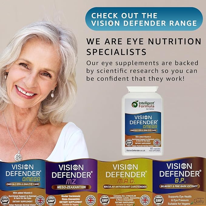 VISION DEFENDER OMEGA Eye Supplement: Care and Relief for Dry Eyes Improve Eye Health- High Strength 1000mg Pure Omega-3 Fish Oil (400mg EPA 200mg DHA per capsule)+Vitamin E (60 Softgels) Made in UK