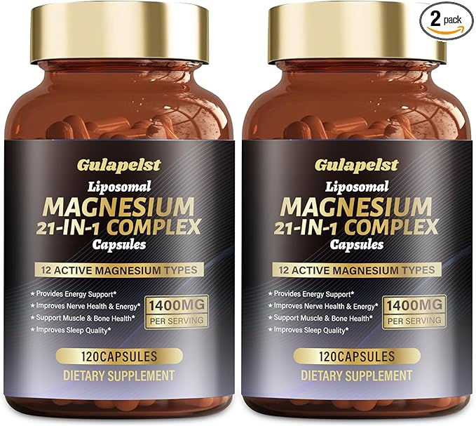 2 Packs Liposomal 1400mg Magnesium Complex (Citrate Glycinate Malate etc) Capsule - 12 Active Types Magnesium with Vitamin D3 B6 B12 C Ashwagandha &amp CoQ10 for Women &amp Men -Support Bone &