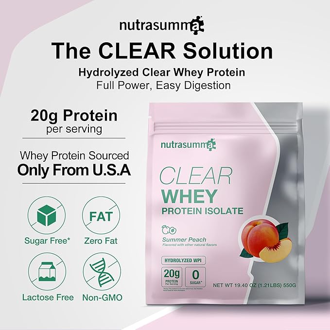 Nutrasumma Clear Whey Protein Isolate Powder 20g Protein Sugar Free Fat Free Lactose Free Summer Peach Flavor 1.21 lb 22 Servings