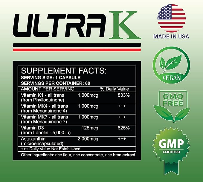 Ultra K High Intensity Training Supplement for Endurance Athletes Improves VO2max Vitamins MK7 MK4 K1 Astaxanthin Vitamin D Best K-D Combo