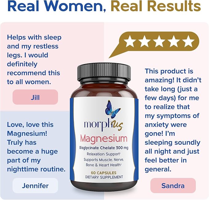 Morphus Magnesium Bisglycinate Chelate 300mg Supplement | 60 Capsules | Helps Women with Perimenopause &amp Menopause Symptoms | Restful Sleep De-Stress Relaxes Muscles &amp Nerves | Fast Absorpti