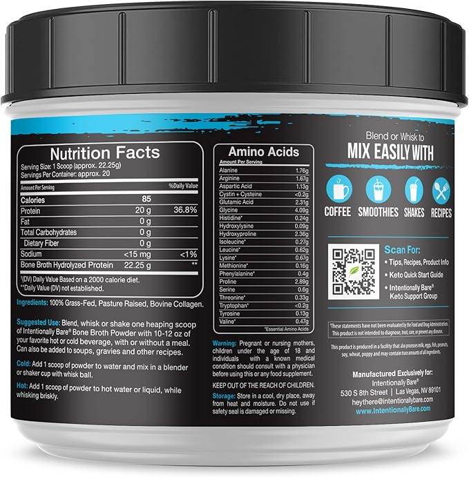 Intentionally Bare Bone Broth Protein Powder Unflavored - Grass Fed Protein Powder with Multi Collagen Peptides Type 1 2 and 3 - Dairy Free Bone Broth Powder for Skin Gut and Joint - 20 Servings