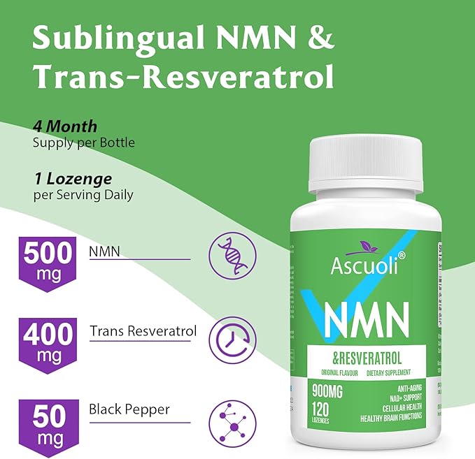 Sublingual NMN 500mg + Trans-Resveratrol 400mg 3-in-1 Advanced Formula 99% Pure NMN Resveratrol Supplement for Boost* NAD Cell Immune Energy &amp Muscle Anti-Aging 120 Lozenges (120-Day Supply)