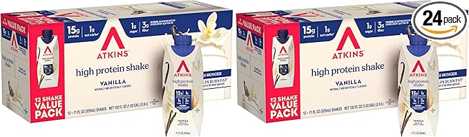 Atkins Creamy Vanilla Protein Shake 15g Protein Low Glycemic 2g Net Carb 1g Sugar Keto Friendly 12 Count (Pack of 2)