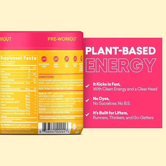 EBOOST POW Natural Pre Workout Powder – 20 Servings - Tropical Punch - A Pre Workout Supplement for Performance Joint Mobility Support Energy Focus - Men &amp Women - Non-GMO Gluten-Free No Crea