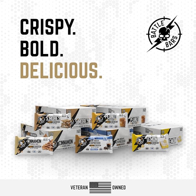 Battle Bars Crispy Protein Bar 17g Protein per serving - Gluten Free No Artificial Flavors or Colors - Veteran Founded - Cinnamon Cereal (60g) 12 Count