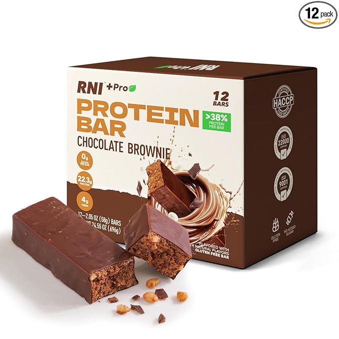RNI Brownie Chocolate Protein Bars with Protein Crisp 22.3g Protein 0g Sugar High Fiber Gluten Free 2.05 ounce (Pack of 12)