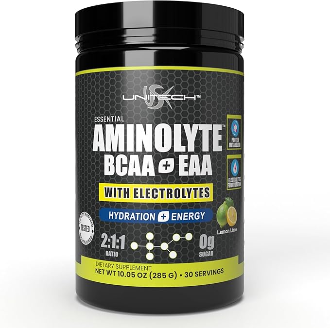 USK Unitech AminoLyte BCAA + EAA &amp Electrolytes Powder | Rich with Essential Amino Acids | Muscle Recovery &amp Hydration | Endurance &amp Performance Support | Dietary Supplement | Lemon Lime F